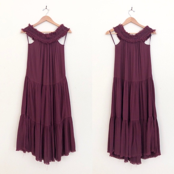 RAQUEL ALLEGRA Off Shoulder Shirred Tiered Midi Dress in Plum - Picture 4 of 9